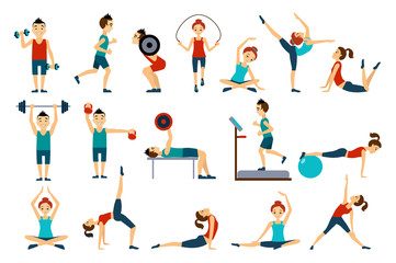Fototapeta na wymiar People in gym set, workout man and woman exercising vector Illustrations on a white background