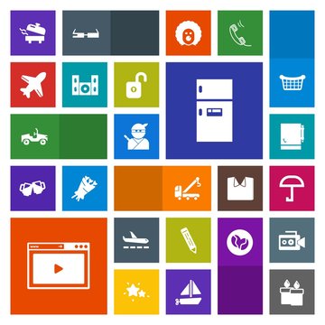 Modern, simple, colorful vector icon set with umbrella, ninja, decoration, weather, freezer, video, rain, pen, pencil, cinema, airport, weapon, refrigerator, web, car, home, food, fire, media icons