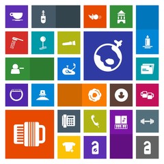 Modern, simple, colorful vector icon set with drink, music, label, sign, food, flashlight, doughnut, privacy, pictogram, hygiene, accordion, hotel, water, alcohol, bicycle, delete, cafe, map icons