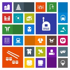 Modern, simple, colorful vector icon set with toy, airplane, communication, love, salmon, clothes, bathrobe, law, job, sushi, audio, flight, judge, broken, japan, clothing, music, speaker, work icons