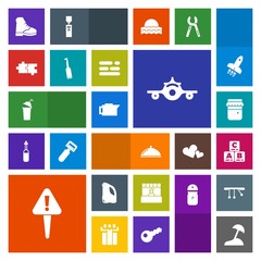 Modern, simple, colorful vector icon set with table, electric, flight, sea, toy, beverage, island, exclamation, childhood, food, danger, caffeine, store, brush, dental, palm, mark, departure icons