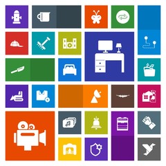 Modern, simple, colorful vector icon set with alarm, camera, gardening, origami, signal, cutlery, creative, hat, cleaner, business, dinner, video, notification, office, safety, knife, headwear icons