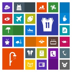Modern, simple, colorful vector icon set with ball, plane, shower, menu, price, shirt, girl, mail, sound, water, box, hygiene, american, bath, flight, mailbox, spacecraft, sale, beautiful, space icons