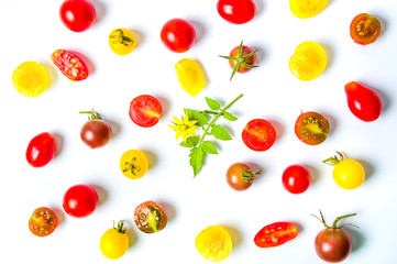 Red yellow and green cherry tomatoes background
