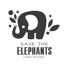 Save the elephants logo design, protection of wild animal black and white sign vector Illustrations on a white background