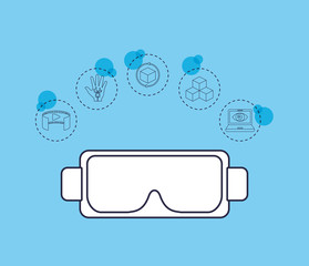 Virtual reality design with vr glasses and related icons around over blue background, colorful design. vector illustration