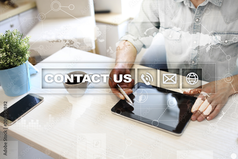 Poster contact us button and text on virtual screen. business and technology concept.