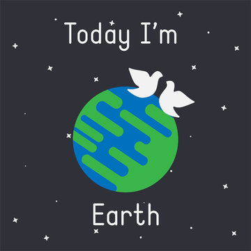 Vector Earth with doves illustration with "Today I'm Earth" caption on dark background