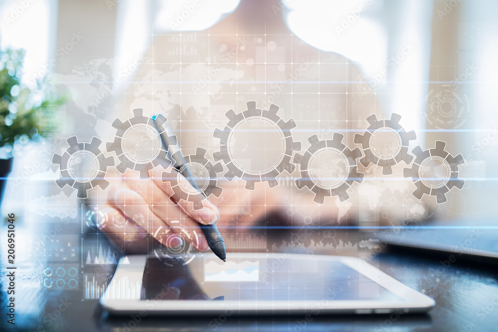 Poster gears on virtual screen. business strategy and technology concept. automation process.