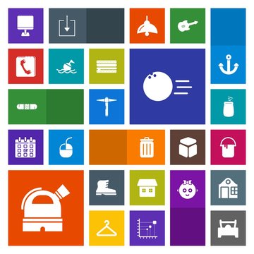 Modern, simple, colorful vector icon set with medicine, percussion, medical, book, observatory, painter, musical, house, laptop, color, bowling, bin, cheeseburger, paint, footwear, food, can, pc icons