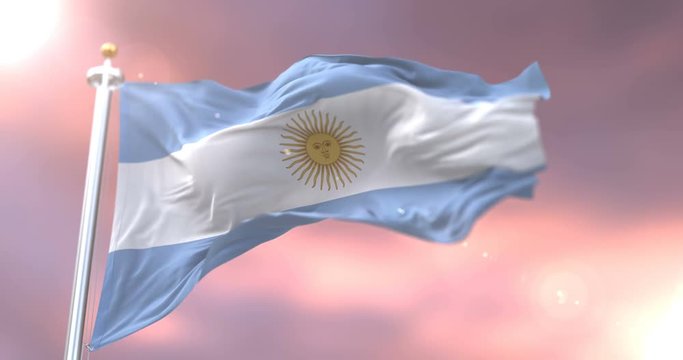 Argentina flag waving at wind at sunset, loop