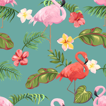 Seamless pattern with flamingos and tropical plants