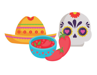 Mexican hat with mexican food and culture related icons over white background, vector illustration