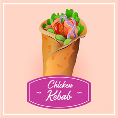 Kebab vector illustration. Rich tasty shawarma poster with pink label and text Chicken Kebab. It can be used for food industry, print on wrap paper as element for menu.
