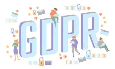 GDPR law isometric people concept. Small men Big letters flat 3D like padlock general data protect regulation security. Pastel color privacy personal information safety vector illustration