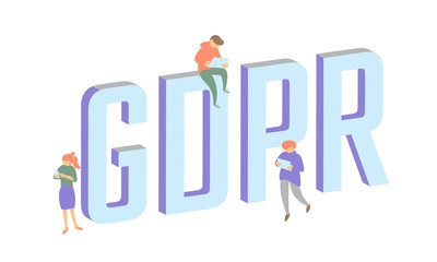 GDPR law isometric people concept. Small men Big letters flat 3D general data protect regulation security. Pastel color privacy personal information safety vector illustration