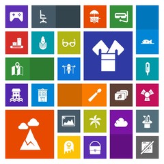 Modern, simple, colorful vector icon set with pin, leaf, tropical, joystick, bag, asia, wash, luggage, play, healthy, food, travel, traditional, kitchen, temperature, fresh, vegetable, dinner icons