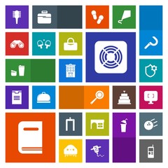 Modern, simple, colorful vector icon set with technology, desk, screen, drink, business, kitchen, comb, office, fan, utensil, scan, real, coffee, library, house, estate, binocular, machine, food icons