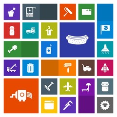 Modern, simple, colorful vector icon set with liquid, rocket, dinner, clothing, drink, airplane, cold, paint, pepper, shirt, construction, space, hotdog, play, salt, plane, cooking, roll, grater icons