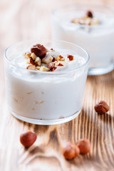 Yogurt dessert with hazelnut.