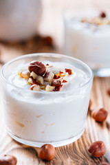 Yogurt dessert with hazelnut.