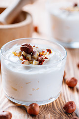 Yogurt dessert with hazelnut.