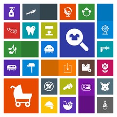 Modern, simple, colorful vector icon set with space, baby, birthday, party, repair, dentist, ufo, chemical, clothes, fun, clown, hammer, beauty, blossom, nature, woman, science, girl, health icons