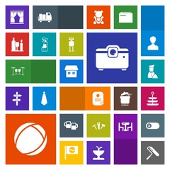 Modern, simple, colorful vector icon set with robot, curtain, spray, hammer, account, bottle, roller, user, projector, sign, cyborg, business, ball, information, paper, drink, file, futuristic icons