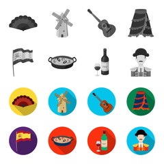 Flag with the coat of arms of Spain, a national dish with rice and tomatoes, a bottle of wine with a glass, a bullfighter, a matador. Spain country set collection icons in monochrome,flat style vector