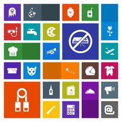 Modern, simple, colorful vector icon set with glass, presentation, snorkel, training, conditioner, sound, favour, fun, wine, water, favorite, plane, departure, message, alien, communication, red icons