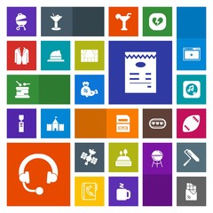 Modern, simple, colorful vector icon set with dessert, satellite, clothing, sound, ball, document, game, chocolate, save, grill, computer, fashion, note, instrument, internet, barbecue, cake icons