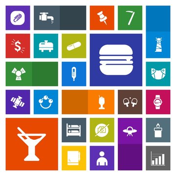 Modern, simple, colorful vector icon set with heater, gadget, diagram, hostel, bar, care, paperclip, juice, dollar, picture, smart, alcohol, currency, sandwich, burger, cheeseburger, water, baby icons