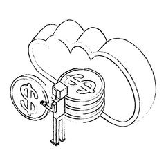 cloud computing with money coins and businessman isometric icon vector illustration design
