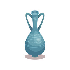 Tall blue amphora with ornament. Old ceramic jug with two handles and narrow neck. Flat vector icon of pottery pitcher for wine