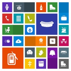 Modern, simple, colorful vector icon set with watch, monster, time, sausage, barbecue, phone, winter, sport, hotdog, smart, tool, drum, desk, space, skating, suzuri, music, alien, ice, warm, ink icons