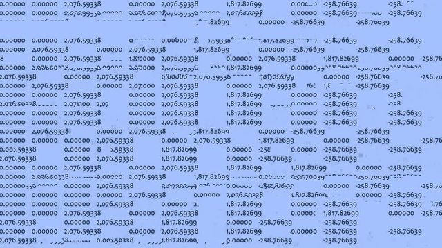 Scrolling down financial spreadsheet on computer monitor, business and finance background with glitch effect