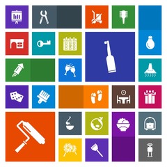 Modern, simple, colorful vector icon set with footwear, tool, event, soup, toothbrush, holiday, document, cyborg, dental, firework, box, roller, cooking, paint, present, kitchen, airplane, wine icons