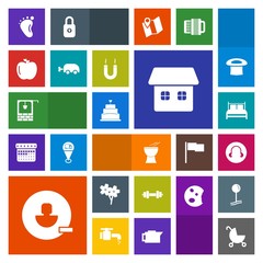 Modern, simple, colorful vector icon set with flower, pram, energy, user, fitness, sign, pie, healthy, food, home, stone, sweet, magnet, spring, bed, cherry, music, carriage, bucket, old, sakura icons