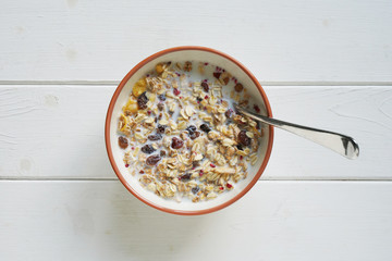 topview of bowl of muesli with milk