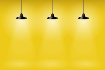 Vintage Metal pendant cone lamps on yellow painting wall. Original Retro design. Hang ceiling model. Vector illustration