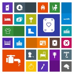 Modern, simple, colorful vector icon set with glass, hotel, child, service, book, interior, restaurant, kid, clothing, menu, clothes, keyboard, poker, teapot, travel, alcohol, faucet, airplane icons