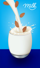 Pouring milk and almond into glass with a splash on blue background template. Vector set of fruit element for advertising, packaging design of milk products.