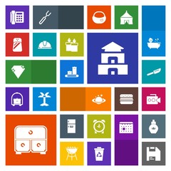 Modern, simple, colorful vector icon set with equipment, salt, knife, planet, freezer, computer, fridge, time, fork, temple, diskette, construction, cutlery, pagoda, culture, watch, seasoning icons