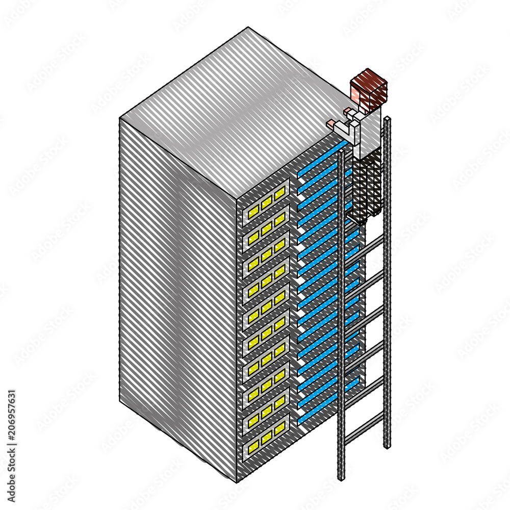 Poster man climbing stairs with server isometric character vector illustration design