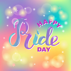 Happy Pride day text isolated on background. Hand written lettering Pride as logo, badge. Template for lgbt community, party invitation, festival, parade, greeting card, web.