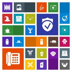 Modern, simple, colorful vector icon set with cappuccino, seafood, spaceship, check, drink, hot, lift, planet, crab, elevator, security, fresh, summer, juice, wall, spice, cafe, entrance, system icons