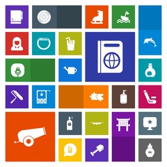 Modern, simple, colorful vector icon set with accessory, beauty, fashion, microphone, weapon, travel, spray, sound, paint, aroma, cricket, girl, cannon, bottle, necklace, healthy, tourism, face icons