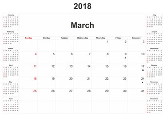 2018 monthly calendar with white background.