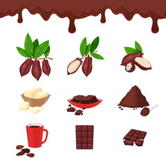 Cocoa and chocolate, vector cartoon design elements and icons set.