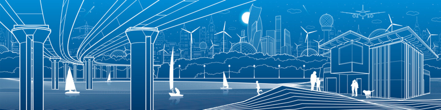 Futuristic City Life. Infrastructure panorama. Industrial illustration. Large automobile bridge. People on the river bank. Modern houses. Airplane fly. White lines, blue background. Vector design art